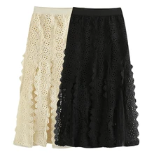 Летние модные длинные юбки с кружевом «кроше», высокое качество, длинные юбки до середины икры с цветочной вышивкой