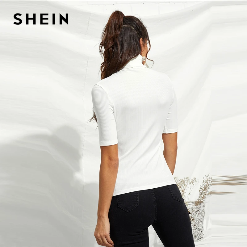 SHEIN Тркотажный Топ В Рубчик С Коротким Рукавом Белый Высоким Воротником|Футболки|