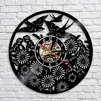 

Bird Wall Art Animal Theme Vinyl Record Wall Clock Bird Flowers Nursery Decorative Time Clocks Unique Inerior Decor