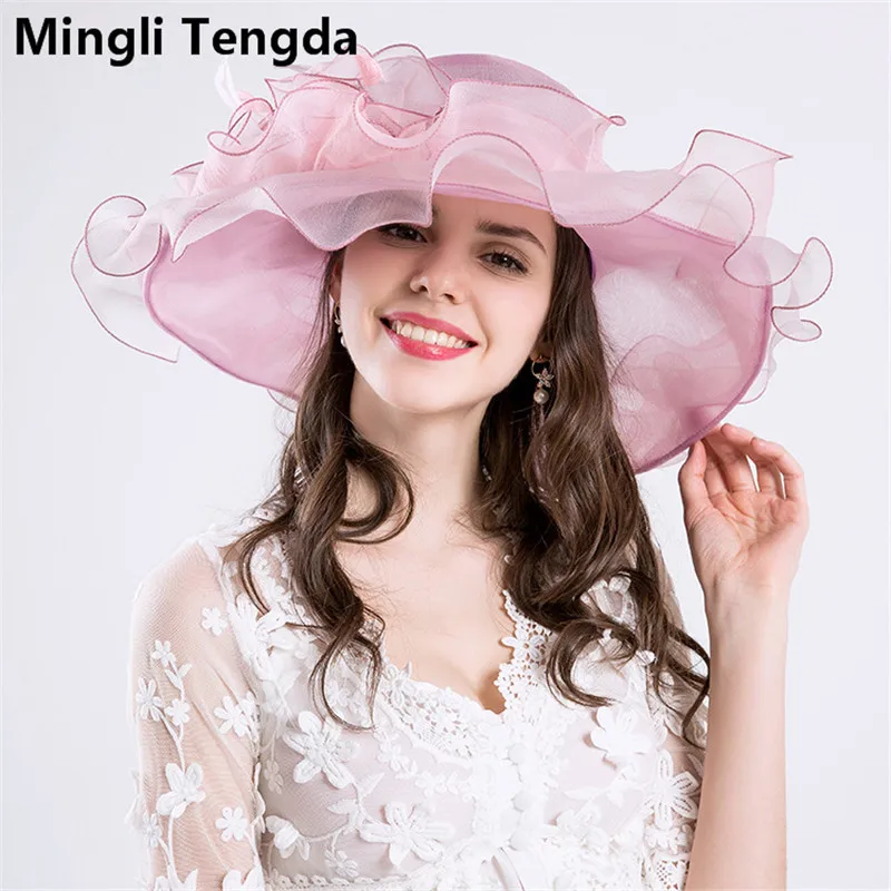 Mingli Tengda фиолетовая элегантная женская Свадебная шляпка с большим цветком, модная разноцветная Свадебная шляпа из органзы с перьями