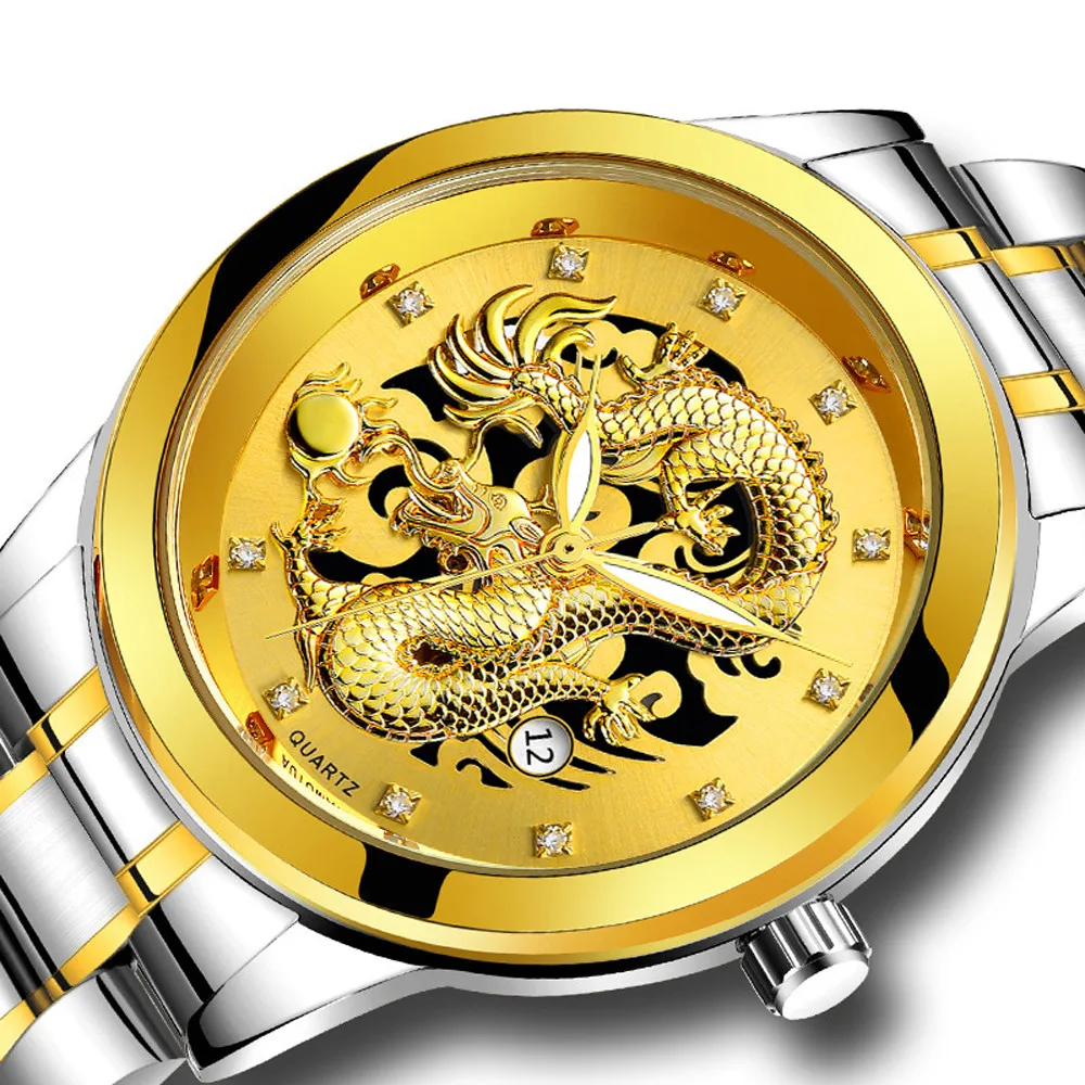 Для мужчин s часы лучший бренд класса люкс водонепроницаемый для мужчин s золотой дракон скульптура кварцевые часы Роскошные для мужчин сталь наручные часы