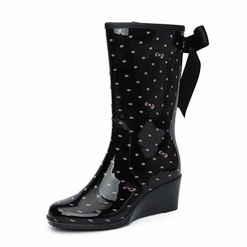 ODEMA Long Barreled Zipper Type Women's Mid Calf Wedge Rain Boots