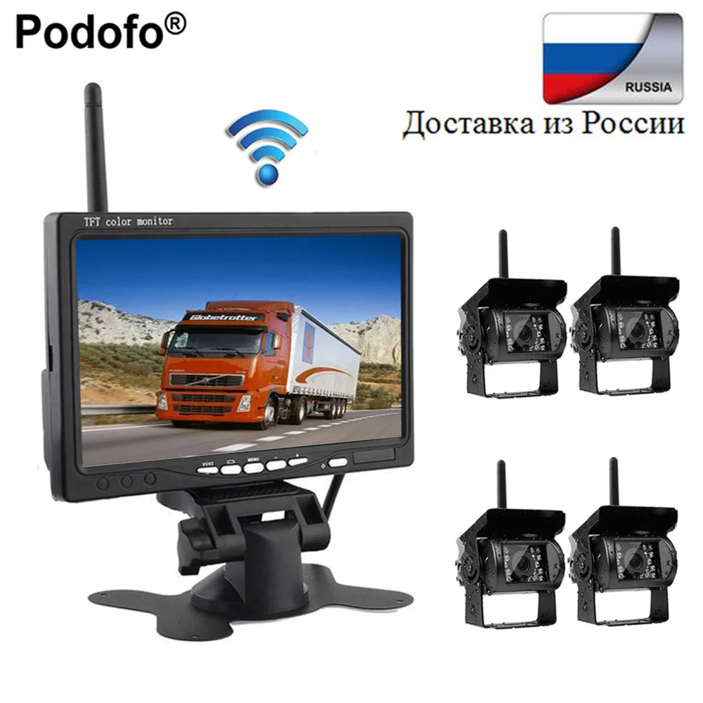 

Podofo Wireless 4 Backup Cameras Parking Assistance IR Night Vision Waterproof with 7" Rearview Monitor for RV Truck Trailer Bus