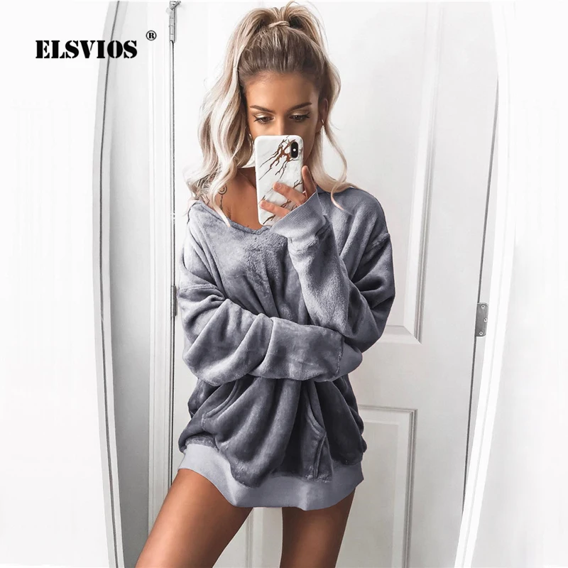 ELSVIOS для женщин Oversize корейский бархат толстовки с длинным рукавом Свободные