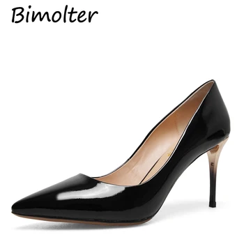 

Bimolter Women Patent Leather Pumps Handmade High quality Thin Heels Genuine Leather Pointed Toe Office Party Sexy Shoes NB001