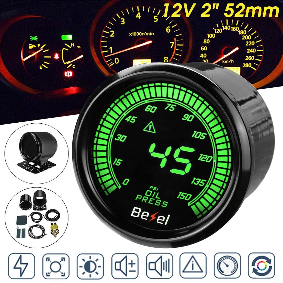 

2" 52mm Oil Press Pressure Gauge Meter Digital LED Display w/Sensor 0-150 PSI With Gauge Holder