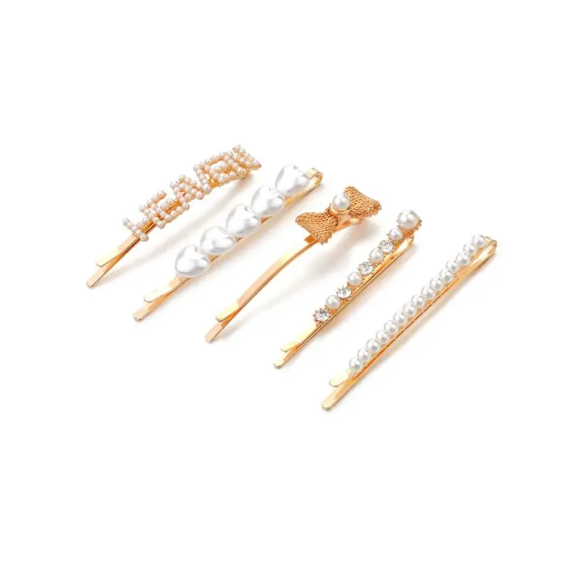 

5Pcs/Set Korean Minimalist Bobby Pin Sweet Imitation Pearl Jewelry Barrette Crochet Metal Bowknot Heaven Letters Women Hair Clip