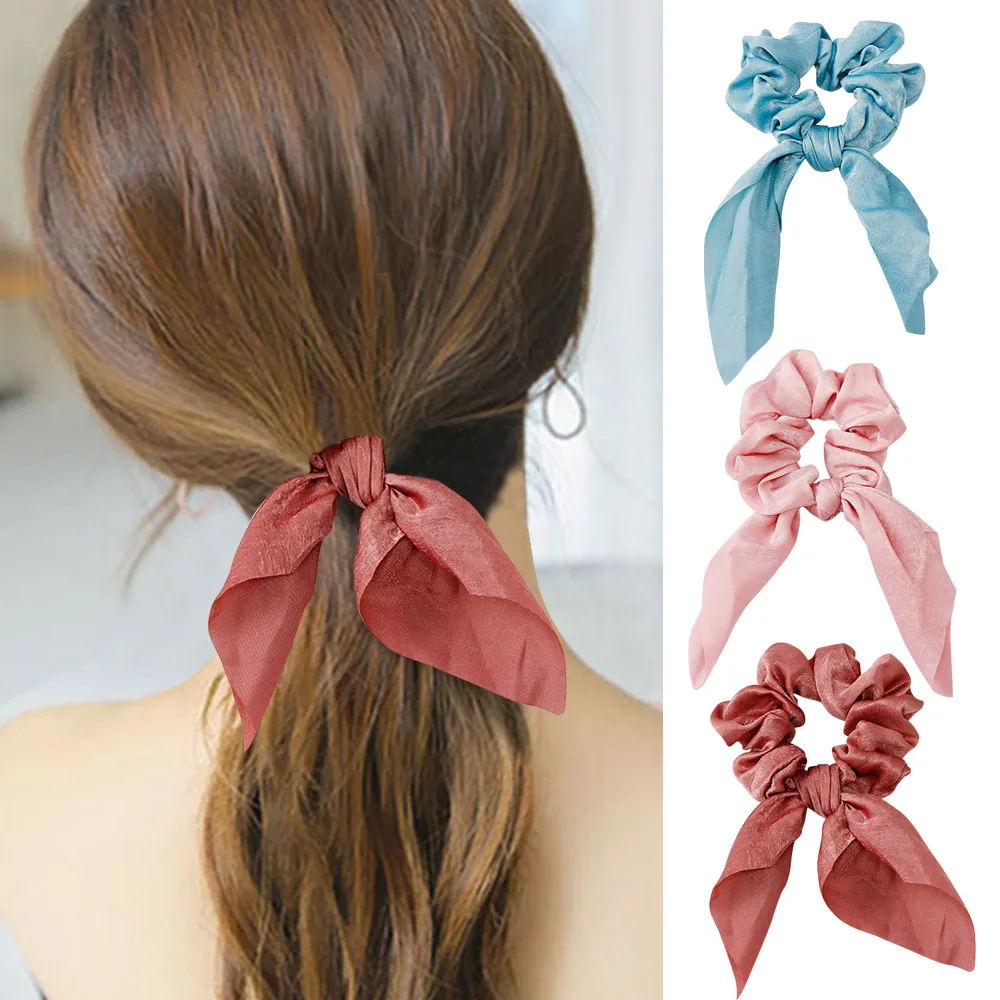 

2019 New Cute Solid Color Women Girls Scrunchie Bowknot Streamers Elastic Hair Bands Fashion Hairband Hair Accessories
