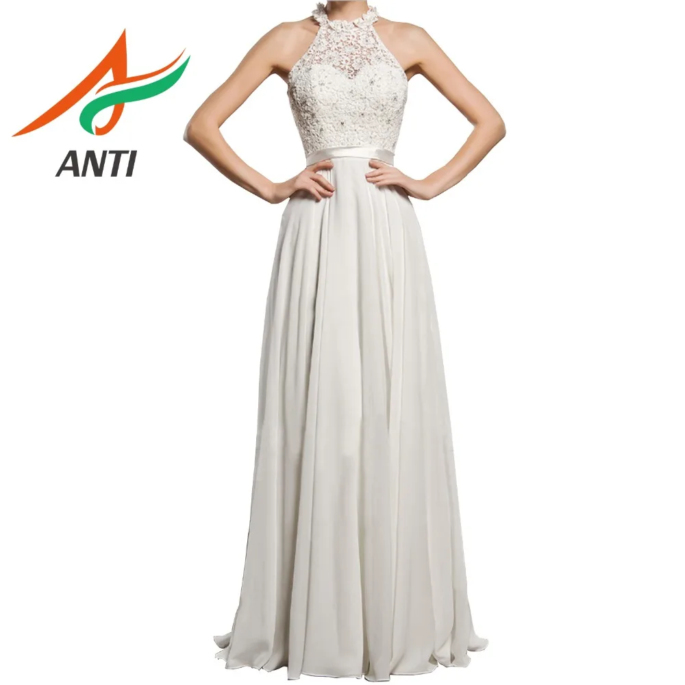 

ANTI Elegant Evening Dress A-line Vestido De Festa Beaded Tight Backless Long Formal Evening Dress Halter Belt Prom Dress