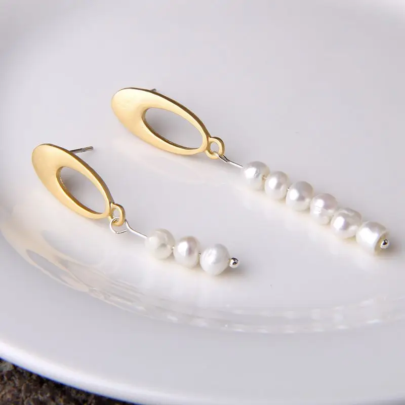 

New Design Metal Gold Geometric Irregular Circle Square Ear Natural Freshwater Pearl Stud Earrings for Women Girl Gift