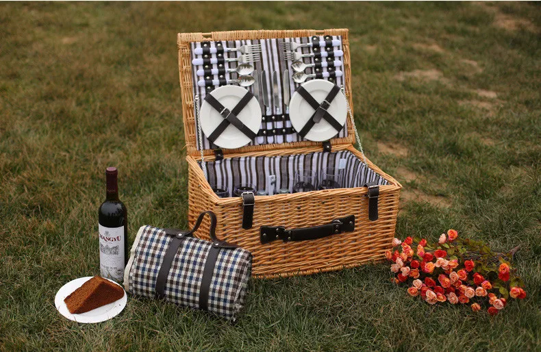 Корзины для пикника ручной работы на открытом воздухе, винтажная плетеная корзина для пикника, набор для 4 человек, подарок для друзей