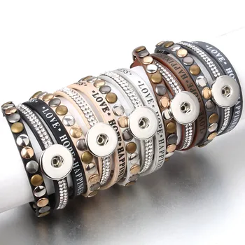 

New Snap Button Jewelry Leather 18mm Snap Buttons Bracelet Punk Rivet Bracelet Love Hope Happiness Bracelet For Valentines Gift