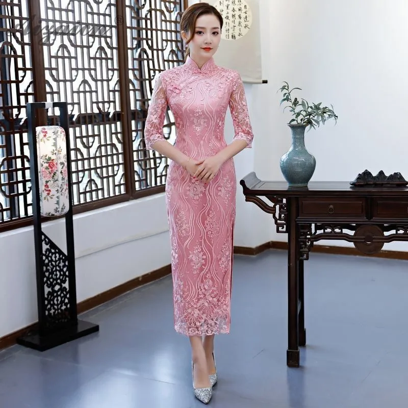 

Red New Lace Bridesmaid Dresses Orientale Bride Long Cheongsam Traditional Chinese Wedding Dress Qipao Chinoise Elegant Gown