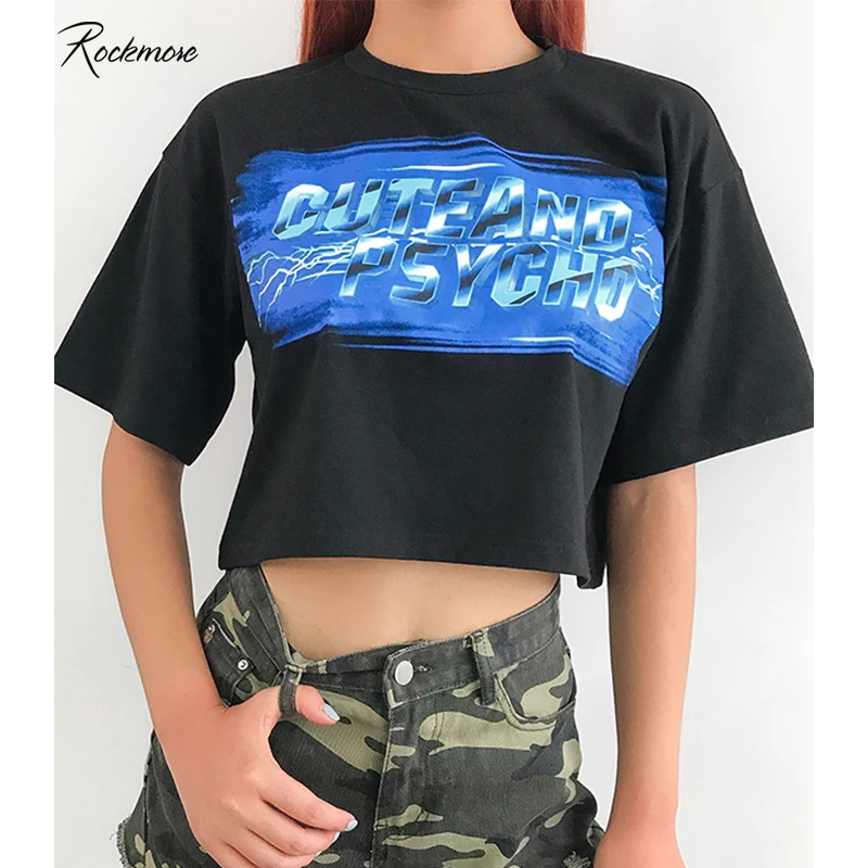 

Rockmore Black Loose T-Shirt Women Letter Print Korea Oversized Casual Fashion T Shirts Female Streetwear Crop Tops Tees Summer