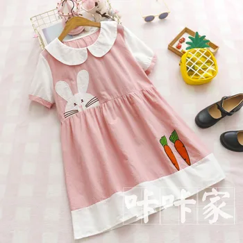 

New Autumn Mori Girl Cute Carrot Rabbit Embroidery Doll collar Lattice Dress Harajuku Women's Lolita Short Sleeve Dress Summer