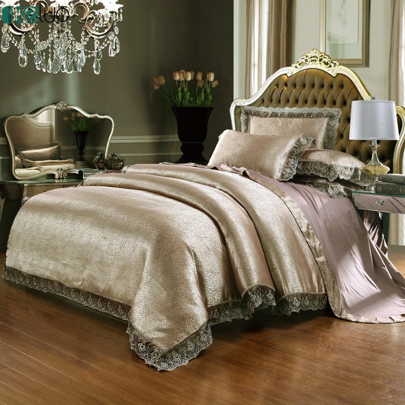

KELUO Luxury Bedding Set Jacquard luxury Queen/king size Stain Bed set 4pcs Cotton Silk lace Duvet cover Violet