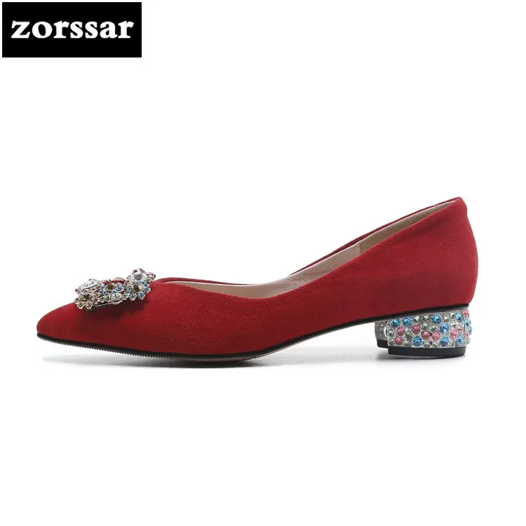 

{Zorssar}2018 New fashion Rhinestone suede womens High-heeled shoes Pointed toe Slip-on Shallow High heels ladies low heel shoes