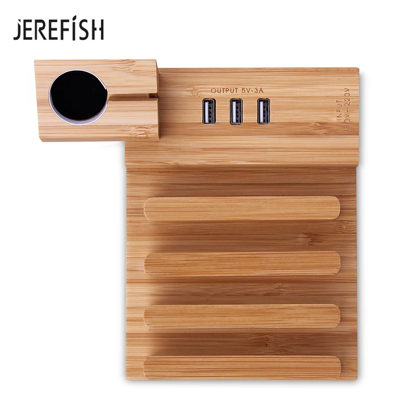 Jerefish الخشب usb شحن محطة حوض شاحن حامل حامل ل أبل ووتش فون 6 7 قرص الهاتف المقبس جبل متعددة-وظيفة