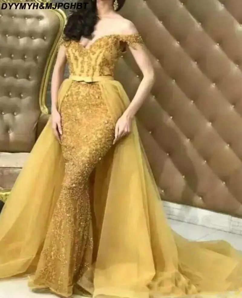 2019 Elegant Daffodil Off Shoulders Mermaid Evening Dresses Lace Sequins Beaded Prom Celebrity Gowns With Detachable Overskirts_