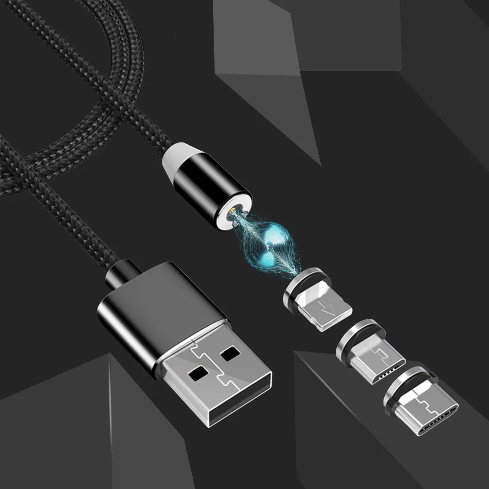 

LED Magnetic Fast Charger Cable 3 In 1 Lighting Micro USB Type C for IPhone X 7 8 6 XS XR Xiaomi Magnet Charging Nylon Cables 1M