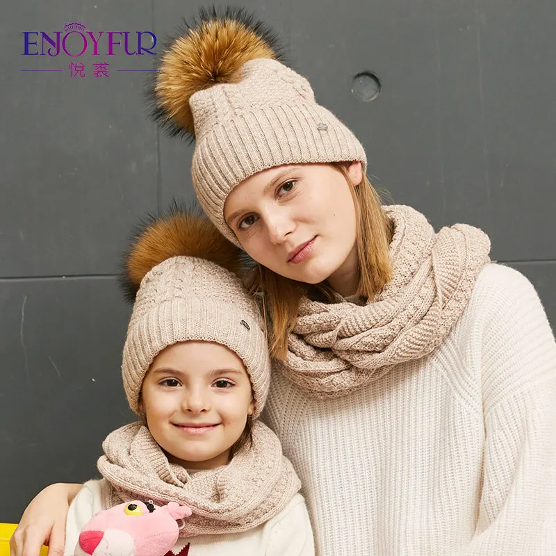 

ENJOYFUR Winter Scarf Hat Set For Child Girls Women's Scarf With Hat of Fur Pom Pom Parent-Child Couple Family Hats For Winter