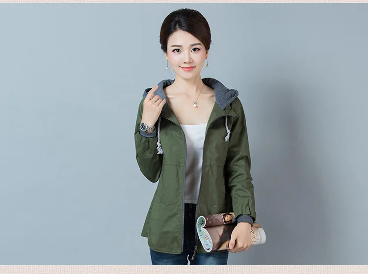 Женская куртка пальто Весна Осень хлопок ветровка женская с капюшоном на молнии Короткая куртка размера плюс 4XL одежда для матери YAGENZ340 - Цвет: Army green