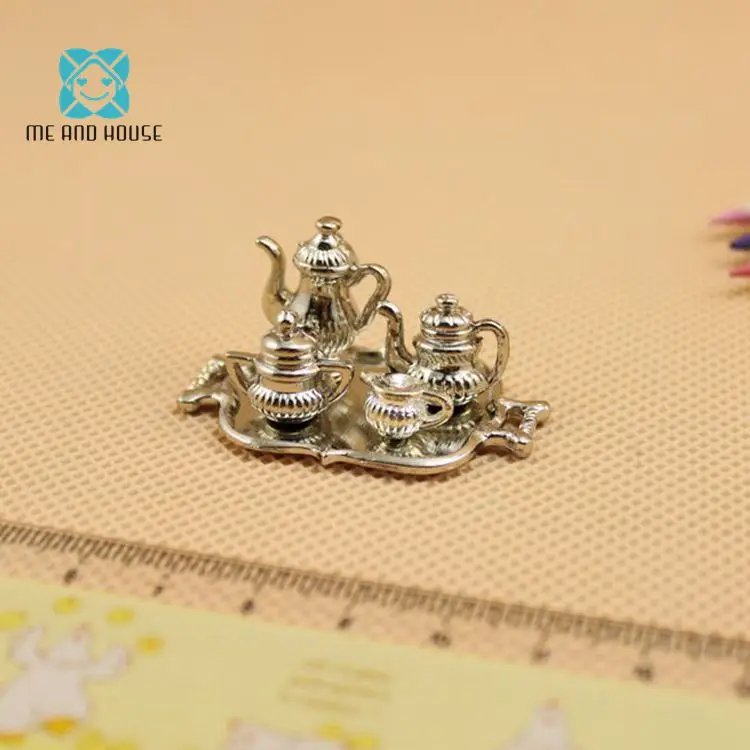 

1:12 Doll House miniature metal Victorian tea set mini pot 5 pieces