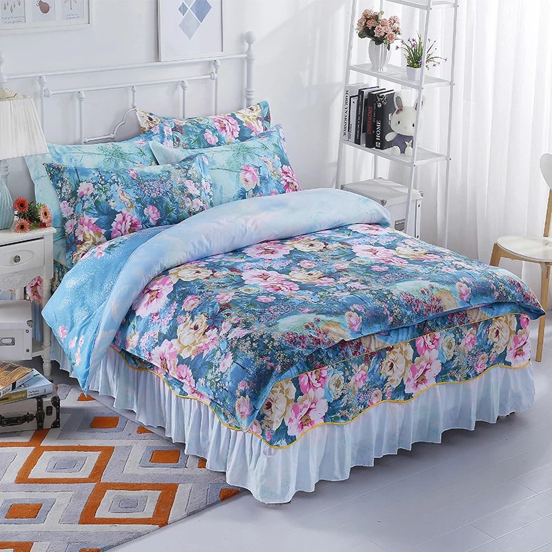 

Stylish Blue+Color Prints Romantic And Beautiful Cotton Bedding Set Soft Bedclothes 4Pcs Duvet Cover Set+Bed Skirt+Pillowcases