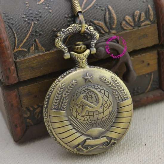 

fashion Soviet BOLSHEVIK flag quartz pocket watch woman vintage antique fob watches men retro ancient gift bronze sickle hammer