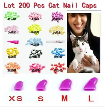 

2016 Lots 200pcs 14 Solid Colors Soft Cat Pet Nail Caps Claw Control Paws off + 10pcs Adhesive Glue Size XS S M L Free Shipping