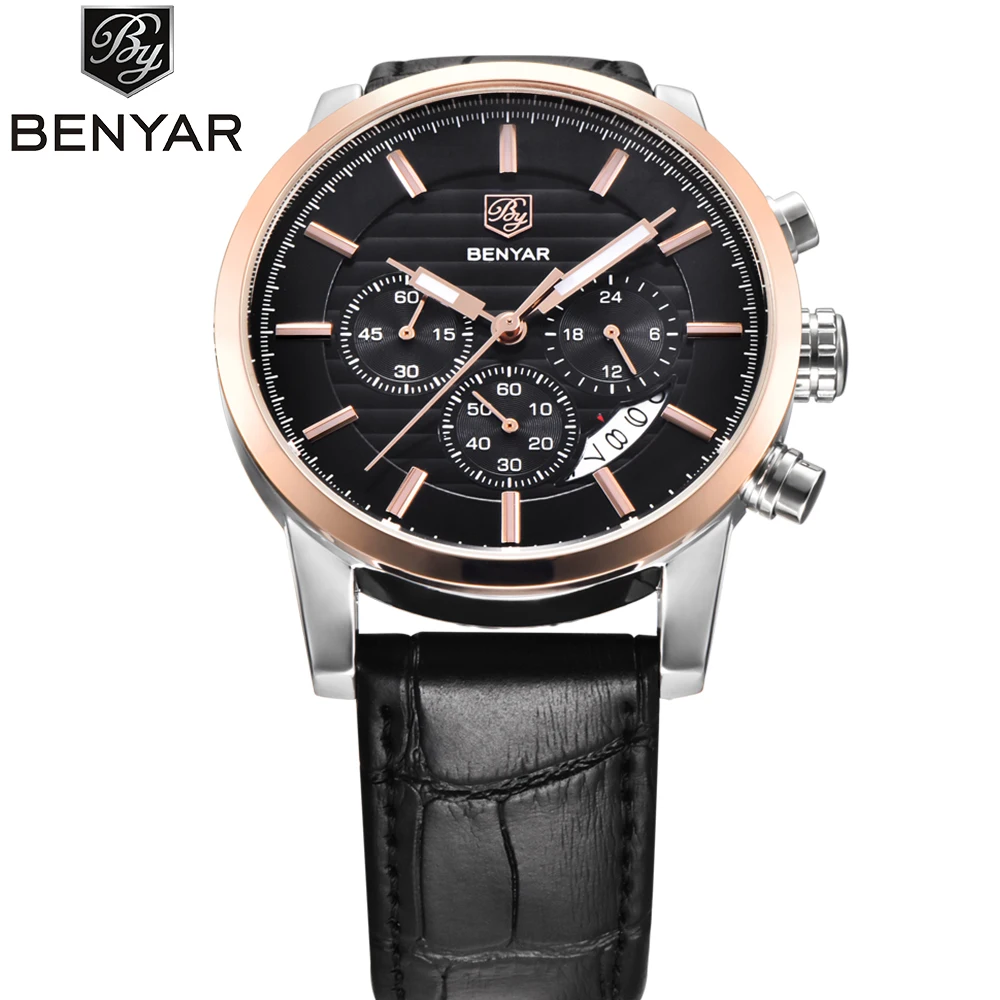 Men's Watches Top Brand BENYAR Calendar Function New Arrival Fashion Men Leather Quartz Watch Men Waterproof Relogio Masculino