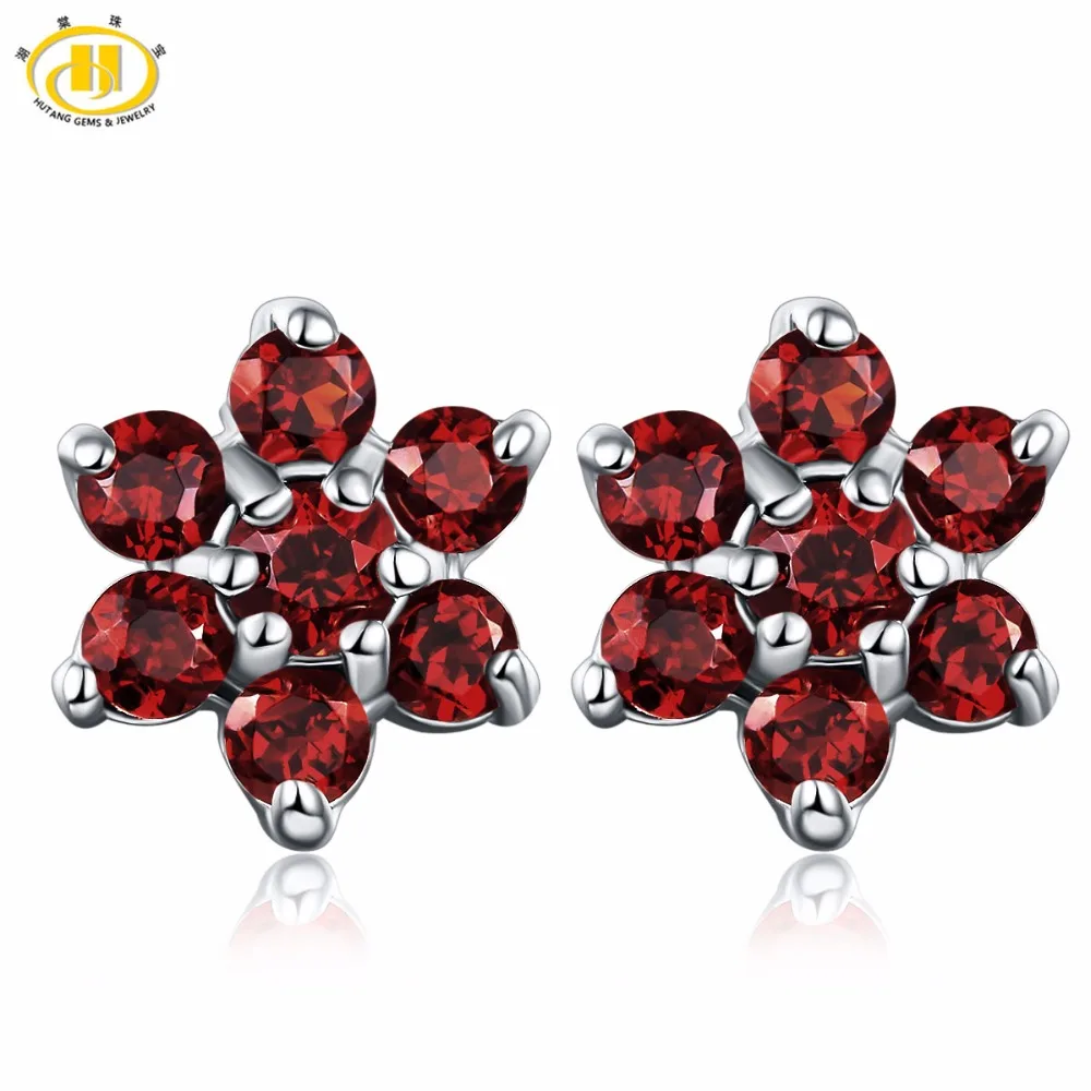 

Hutang Natural Gemstone Red Garnet Flower Stud Earrings Solid 925 Sterling Silver Fine Jewelry For Women's Gift 2017 NEW