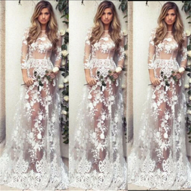 

New Floral Long See Through Dress Sexy Women Summer White Lace Long Maxi Evening Party Dress Beach Sundress