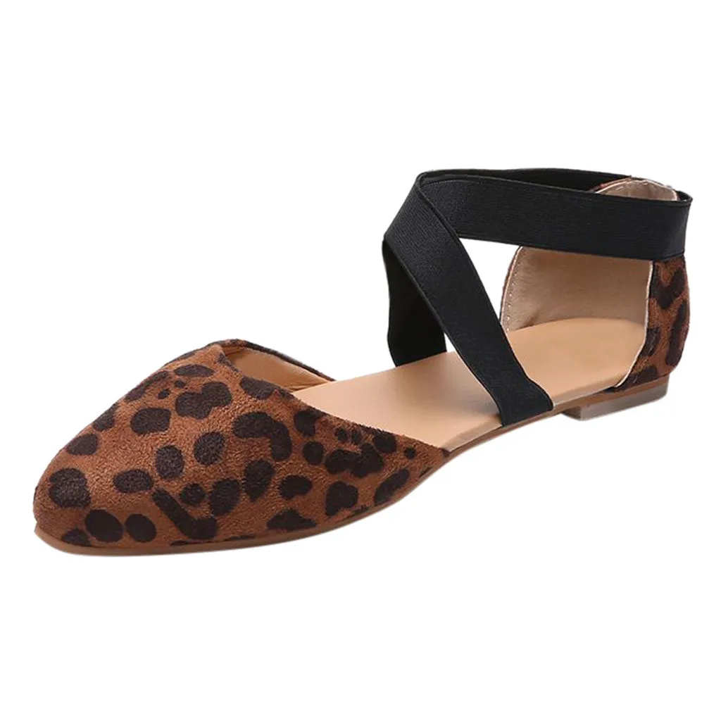 Women Ladies Pointed Toe Flat Spike Heels Buckle Elastic Band Sandals Leopard Sandals Single Shoes,Brown,43，U 