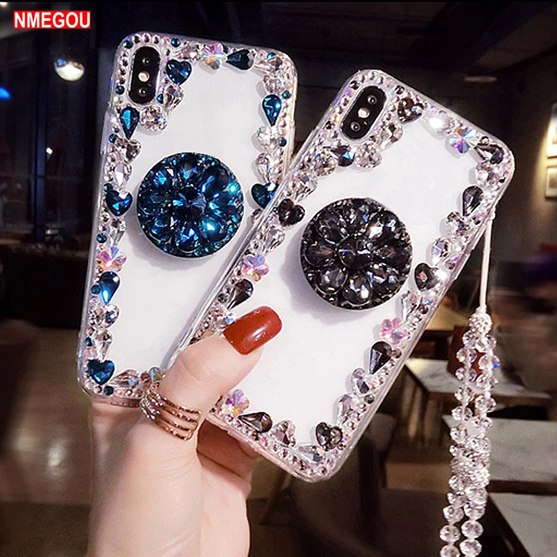 

3 In 1 3D Crystal Diamond Rhinestone Jewelled Case & Holder & Necklace Strap for IPhone 5 6 6S 7 8 Plus X XR XS Max Bling Cover