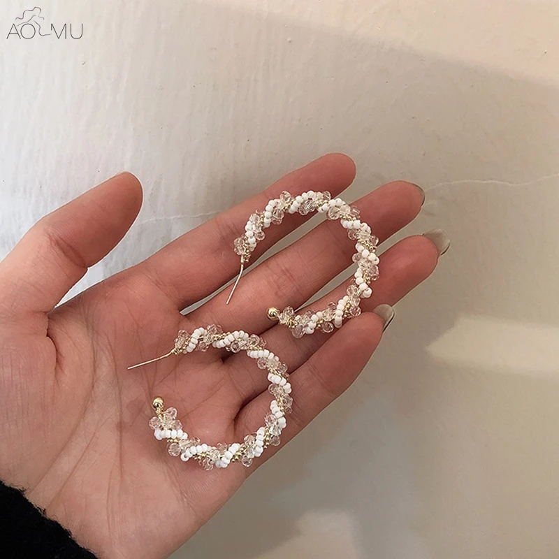 

AOMU Sweet S925 Sterling Silver Pin Crystal Twine Beads C-shaped Hoop Earrings for Women Girl Party Gift Jewelry Accessories