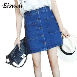 EISWELT/Новая Модная Джинсовая мини-юбка трапециевидной формы, тонкие джинсовые юбки с одной пуговицей на груди, летняя дешевая сексуальная