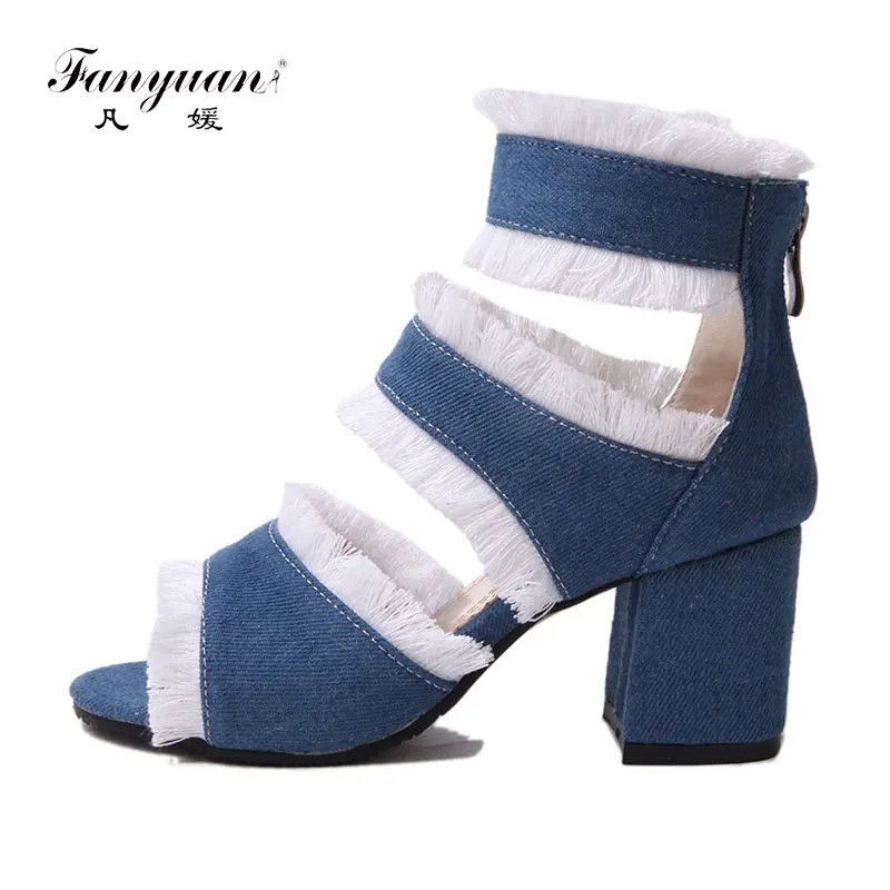 

Fanyuan Women Sandals Summer Ankle Cowboy Boots Gladiator Sandals Women Chunky High Heels Denim Canvas sandalia Open Toe Blue