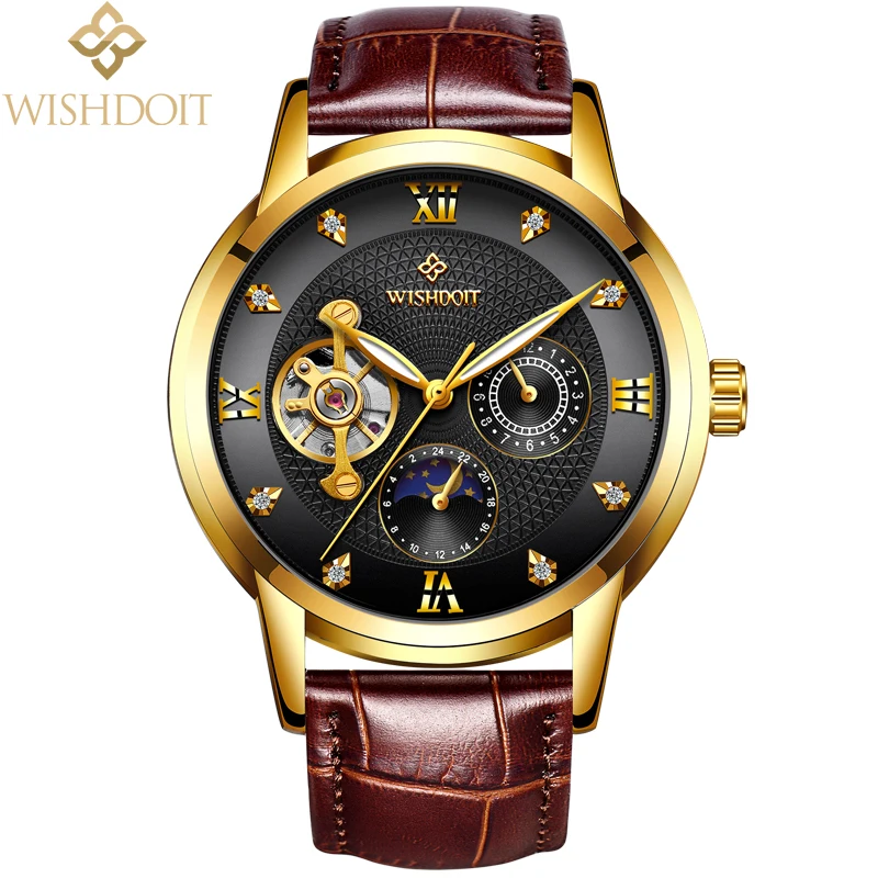 

Mechanical Automatic Skeleton Watches Men Steampunk Wrist Watch WISHDOIT Top Brand Luxury Leather Clock Fashion Business Watch