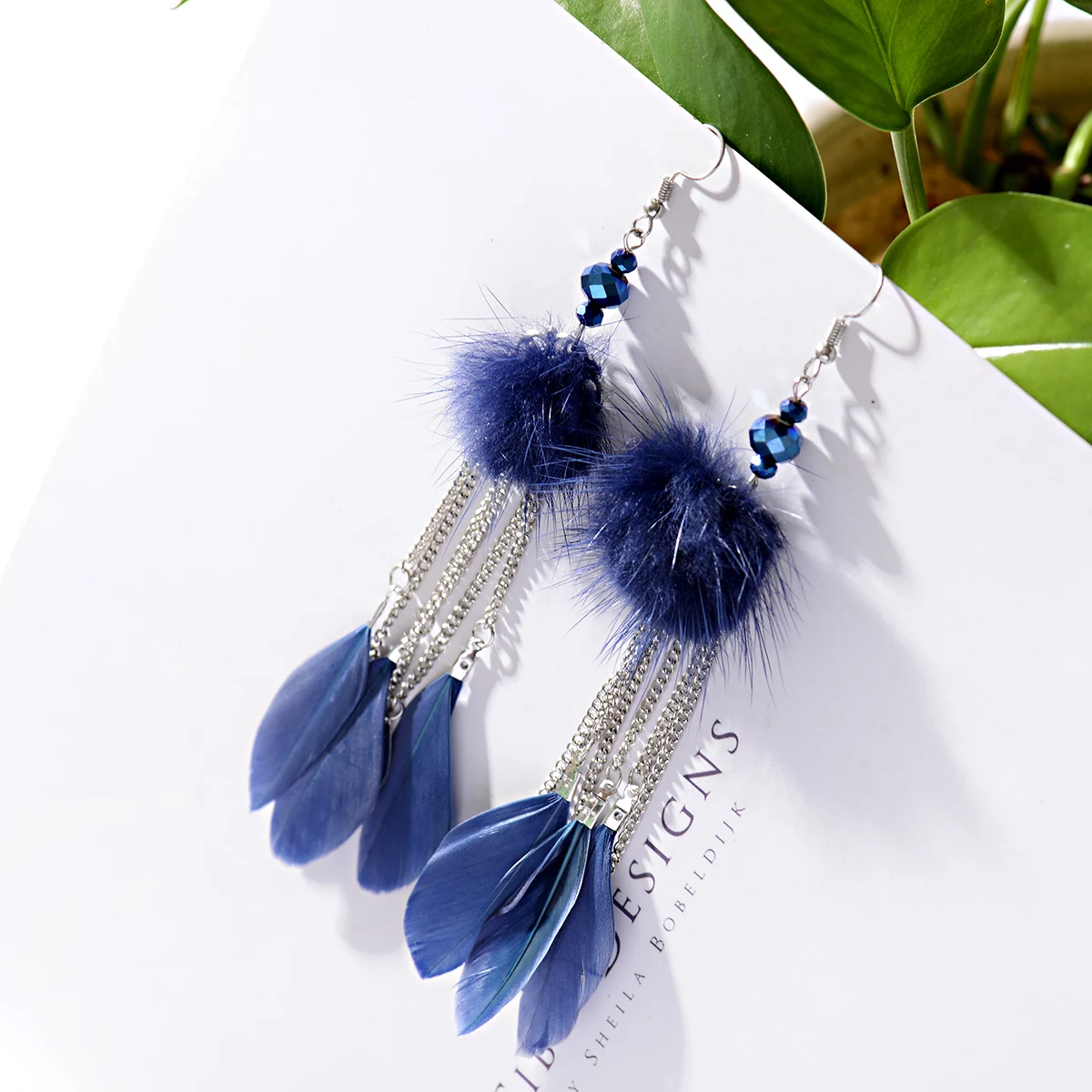 

New Cute Classic Blue Pom Pom Earrings Bohemian Long Chain Feather Earrings Vintage Handmade Summer Tassel Dangle Earrings