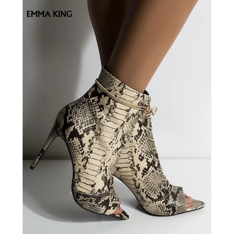 

2019 Summer Sexy Peep toe Snake Lace Up Bootie Sandals Women Stiletto High Heels Casual Ladies Shoes Party Dress Sandal Boots