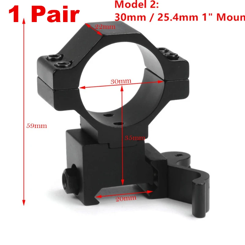 Rifle Scope Mount Ring 2 Pcs 20mm Rail Picatinny 30mm / 25.4mm QD Quick Release Flashlight Laser Pistol