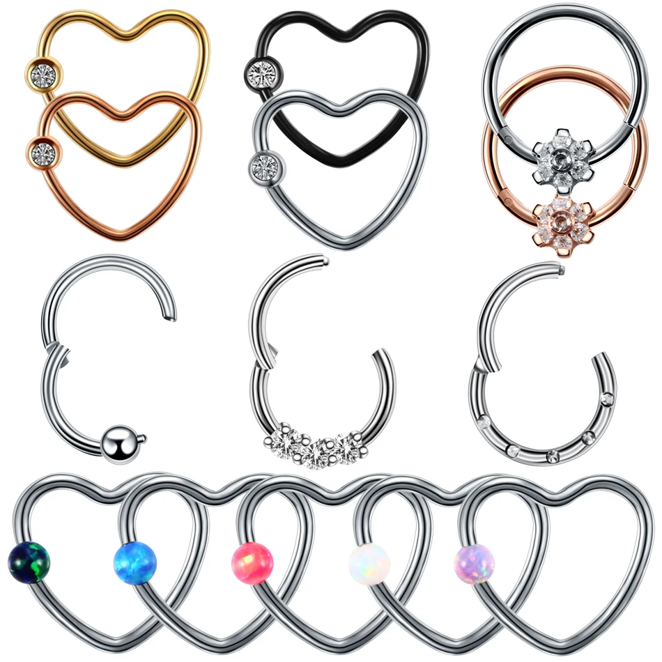 

1PC Surgical Steel Daith Heart Nose Septum Clicker Rings Flower CZ Opal Ear Cartilage Tragus Fashion Girls Lip Piercing Jewelry