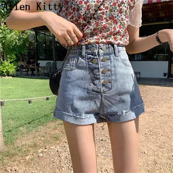 

Alien Kitty Summer Korea Chic Fashion Women Casual High Waist Slim Double Breasted Curl Loose Sexy Solid Fresh Thin Denim Short