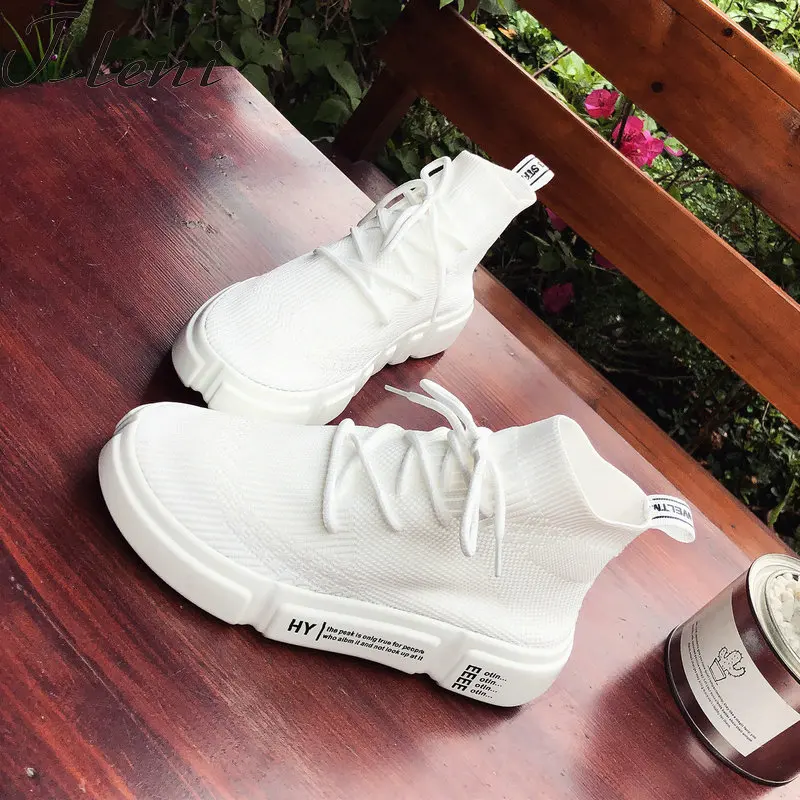 

QWEDF Women White Sport Shoes Woman Summer Socks Sneakers Health Lace up Walking White zapatillas deportivas mujer XC-44