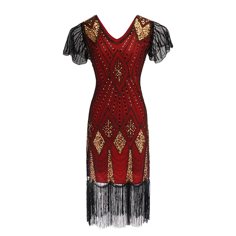 Great Gatsby Party Dress Women 1920s Dress Sexy Short Sleeve V-Neck Embroidery Fringe Sequin Beaded Tassels Hem Flapper Dress (5)