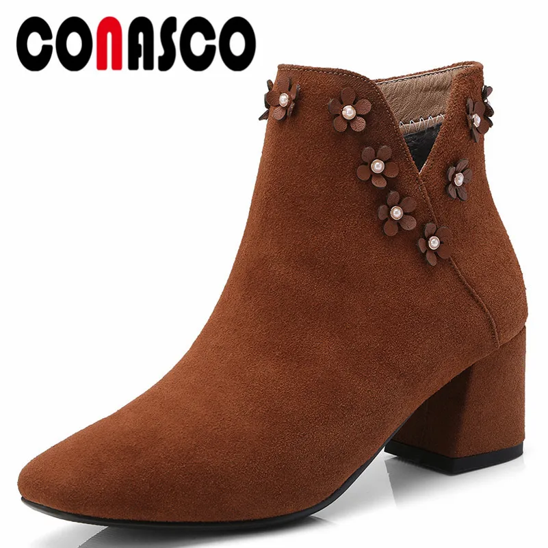 

CONASCO Fashion Women Party Wedding Short Boots Cow Suede Autumn Winter Warm Sweet Flowers Quality Round Toe Martin Shoes