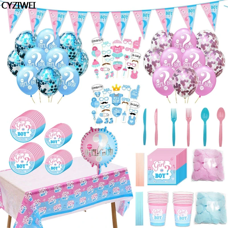 

Baby Shower Ballon Boy Girl Decoration Gender Reveal Party Supplies Tableware Set Napkin Cup Plate Straw Tablecloth Party Banner