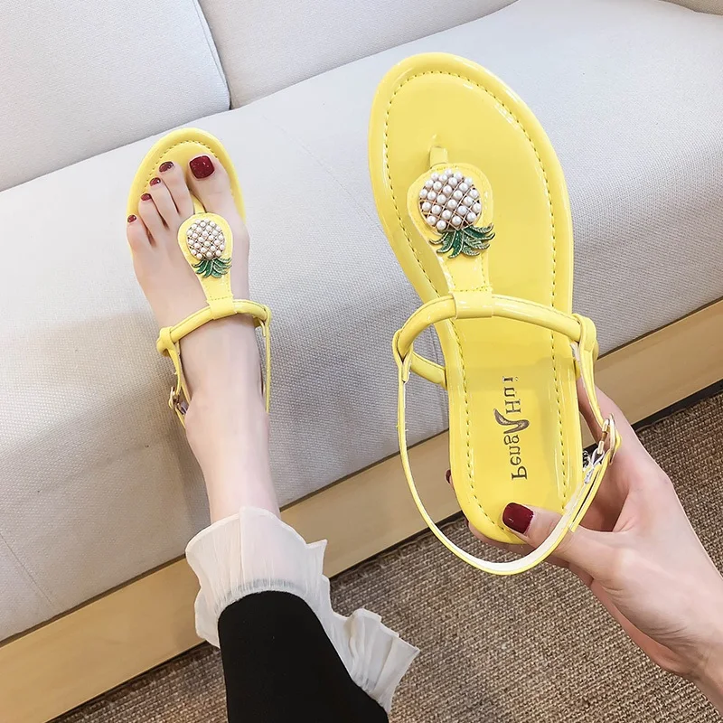 

Pearls Bead Pineapple Sandals Women Flat Beach Sandals Summer Shoes 2019 Comfort Diamond Sandals Bohemian Shoes Sandalias Mujer