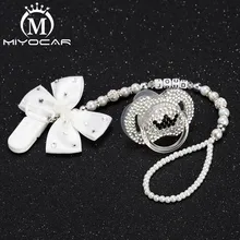 MIYOCAR Any name white bow bling rhinestone pacifier clip holder dummy clip with  bling black crown pacifier dummy idea gift